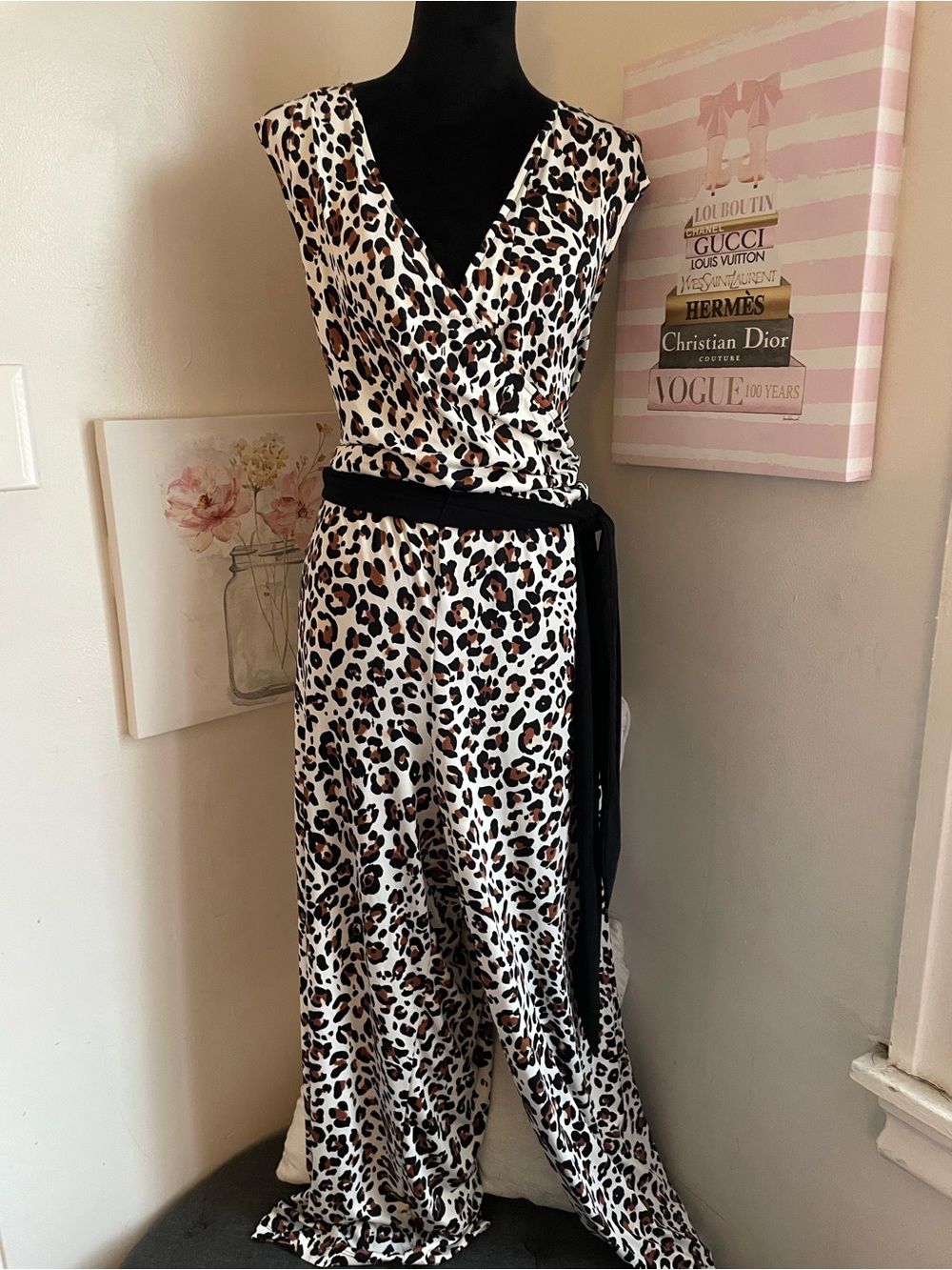 Leopard Print Wrap Jumpsuit with Black Sash